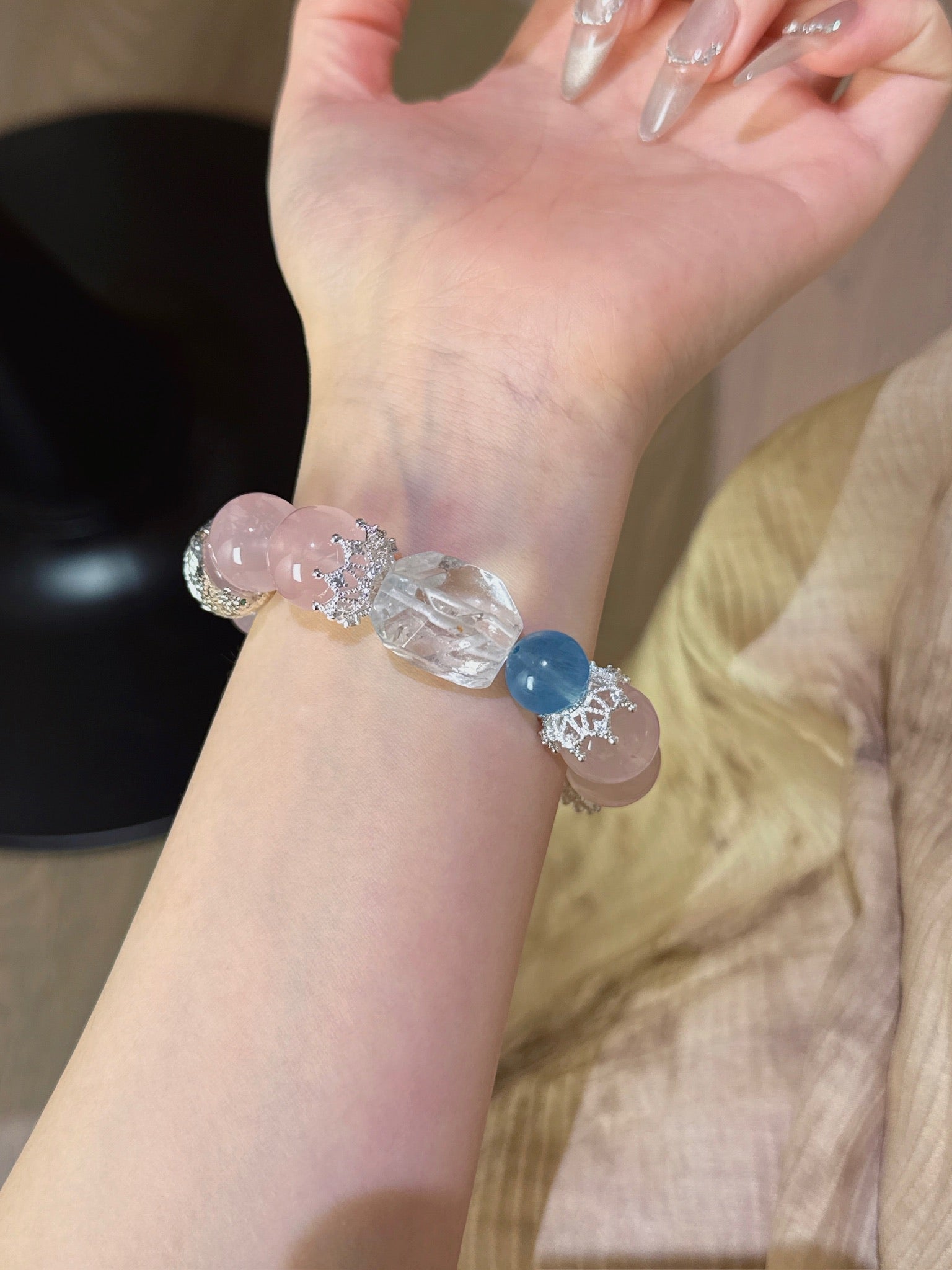 ▫️▪️ Pink crystal white crystal aquamarine bracelet